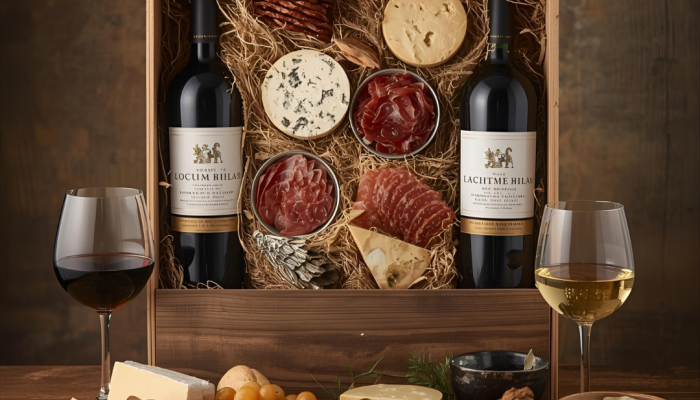 Business team celebrating with wine gifts during Christmas 2025
